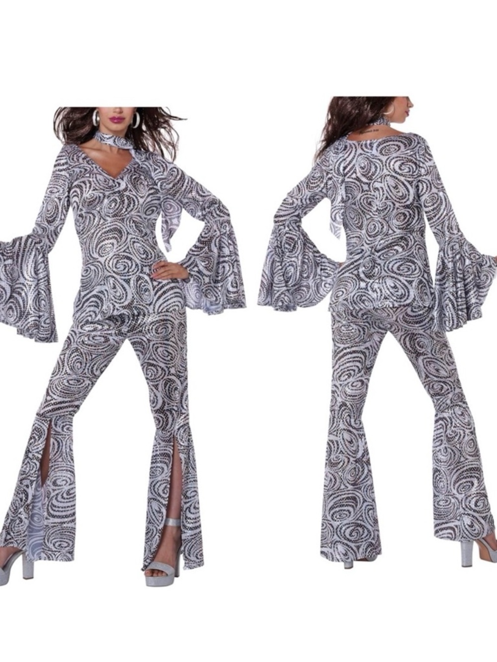 Foxy Lady Black & White Swirl Sequin Boot-Cut Top & Bottom with Bell Sleeves